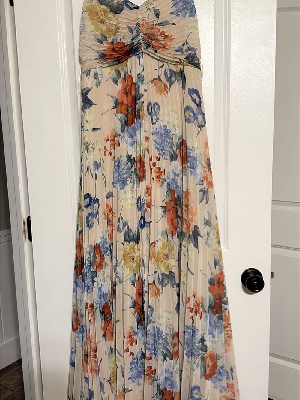 Express Floral Pleated Maxi Dress - Cream with Blue, Orange & Yellow Flowers